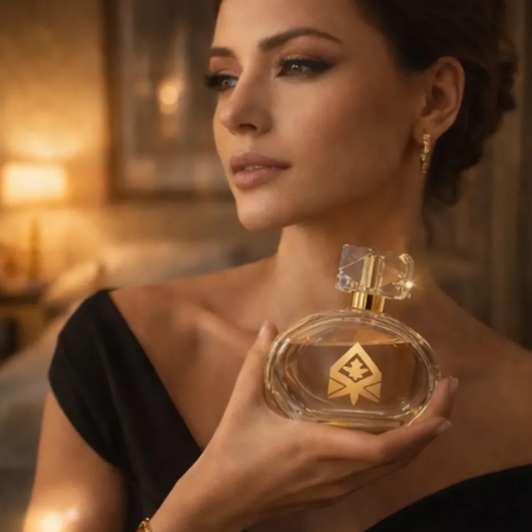 Frasco de perfume com composição luxuosa e quente